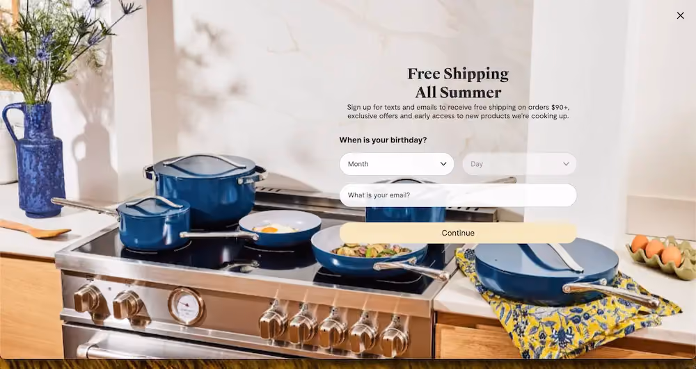 Caraway's welcome popup reads "Free shipping all summer. Sign up for texts and emails to receive free shipping on orders $90+, exclusive offers, and early access to new products we're cooking up."