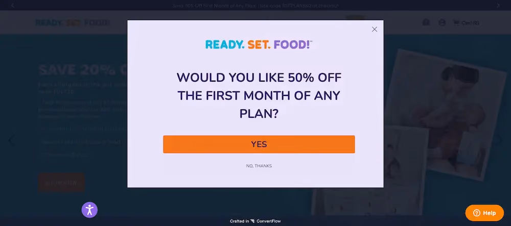 Ready. Set. Food!'s overlay popup reads, "Would you like 50% off the first month of any plan?"