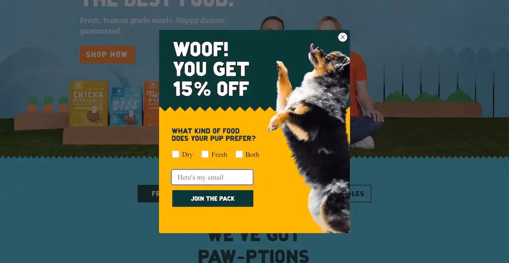 A Pup Above's popup headline reads, "Woof! You get 15% off."
