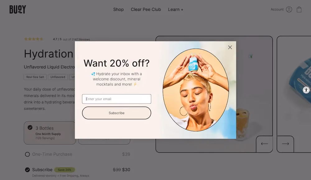 Buoy's welcome popup reads, "Want 20% off? Hydrate your inbox with a welcome discount, mineral mocktails, and more!"