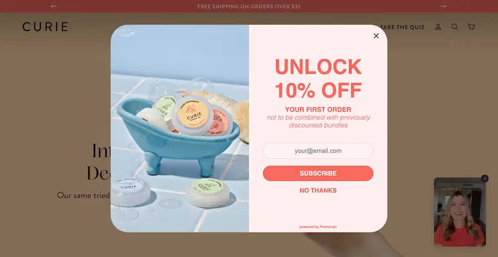 Curie's welcome popup reads, "Unlock 10% off your first order."