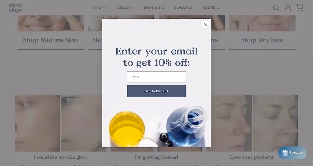 The second step in Three Ships Beauty's welcome popup reads, "Enter your email to get 10% off."