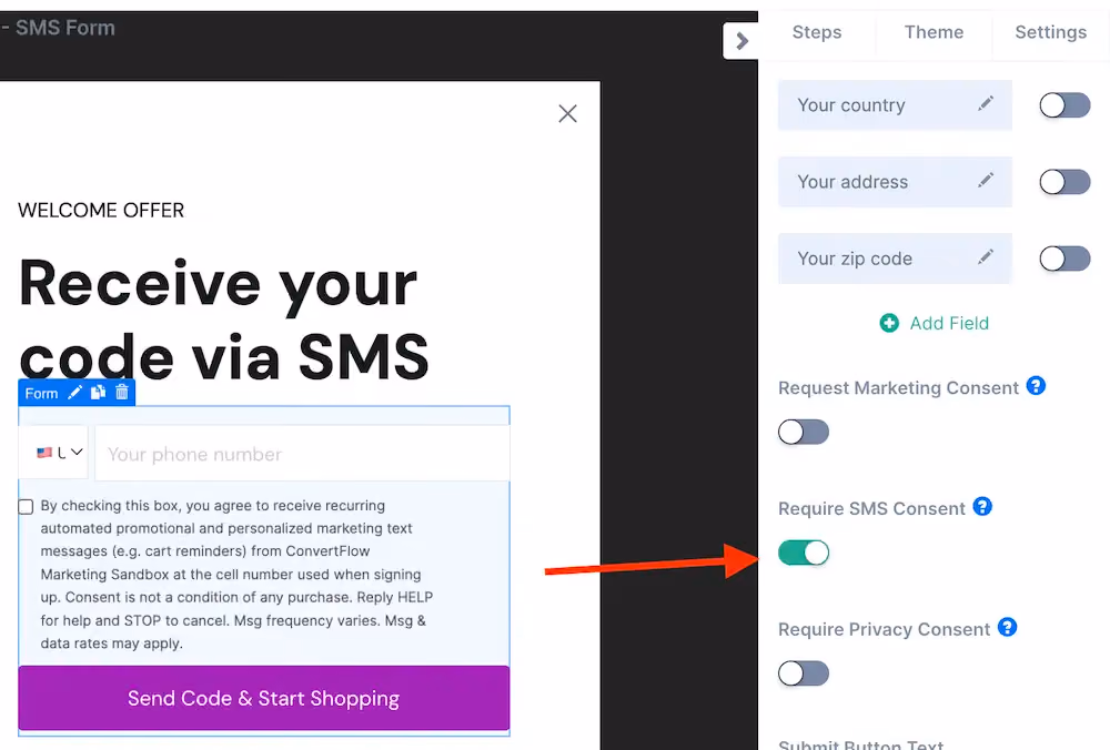 The "Require SMS Consent" toggle in ConvertFlow