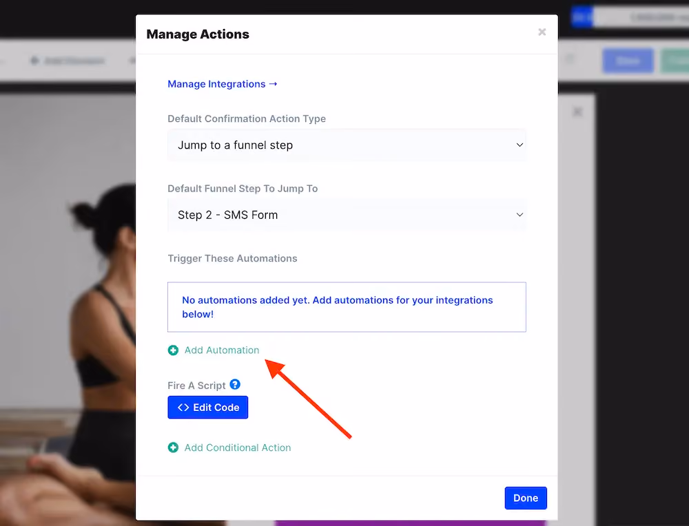 Adding an automation in the manage actions panel