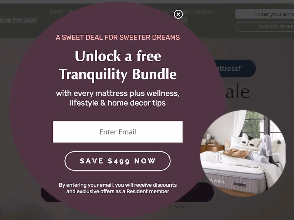 Awara Sleep's popup reads "A sweet deal for sweeter dreams. Unlock a free tranquility bundle with ever mattress plus wellness, lifestyle, and home decor tips."