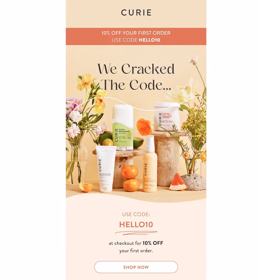 Discount at the top of Curie's welcome email