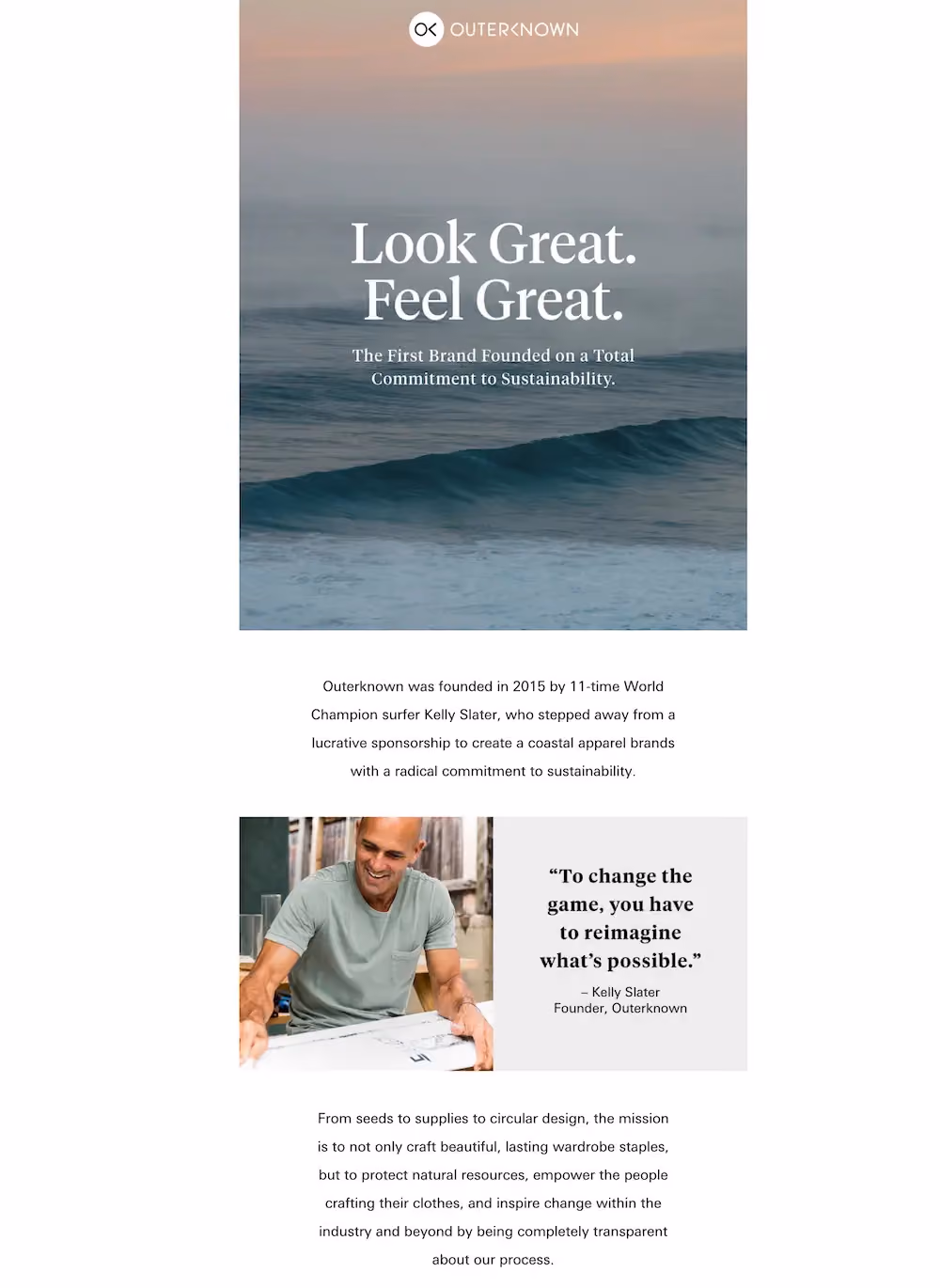 Outerknown's welcome email includes the brand's backstory