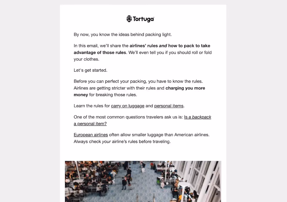 Tortuga's welcome email covering travel and packing tips.