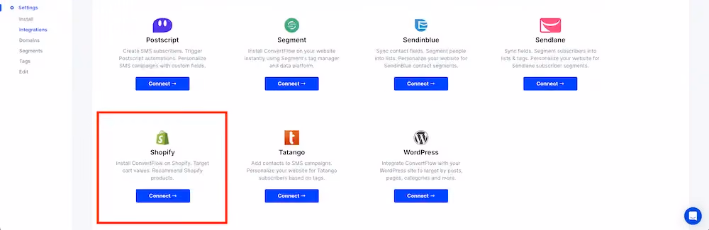 Shopify in the integrations menu