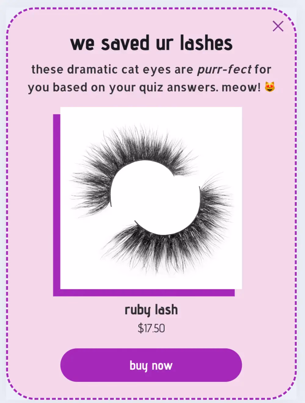 A popup for returning shoppers that have taken a quiz, showing the product that was recommended to them.