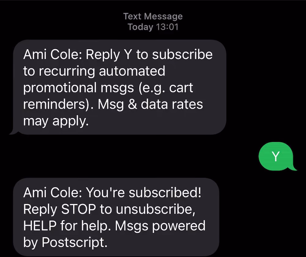 Ami Cole's first text asks subscribers to confirm they want to subscribe. Then confirms their subscription.