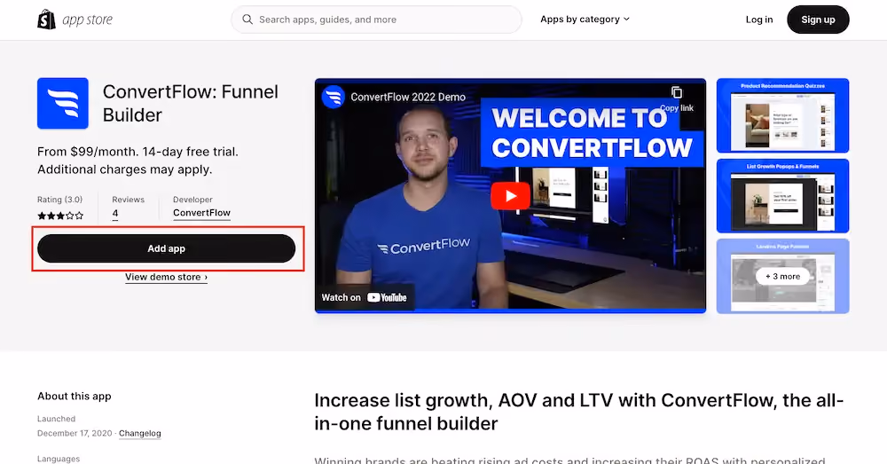 ConvertFlow listing on the Shopify app store