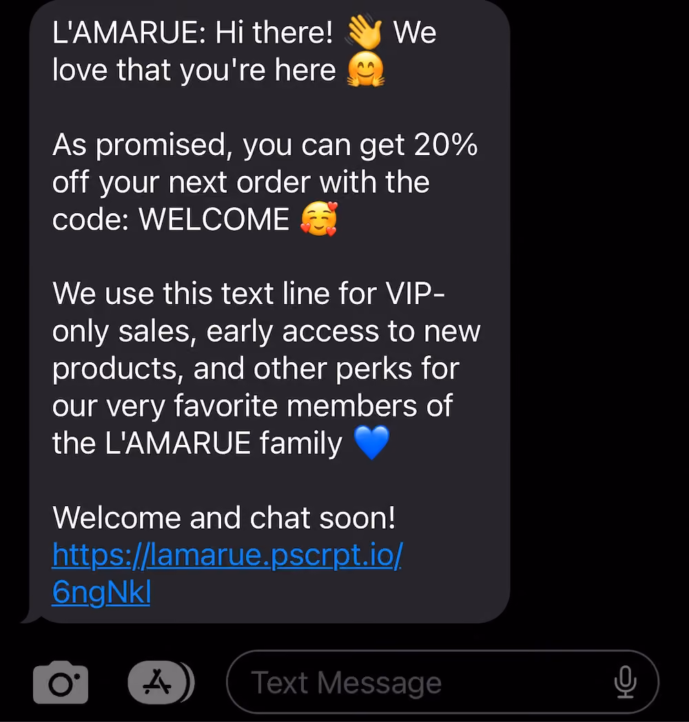 L'AMARUE gives subscribers their discount code and tells them what to expect, like VIP-only sales, early access to new products.