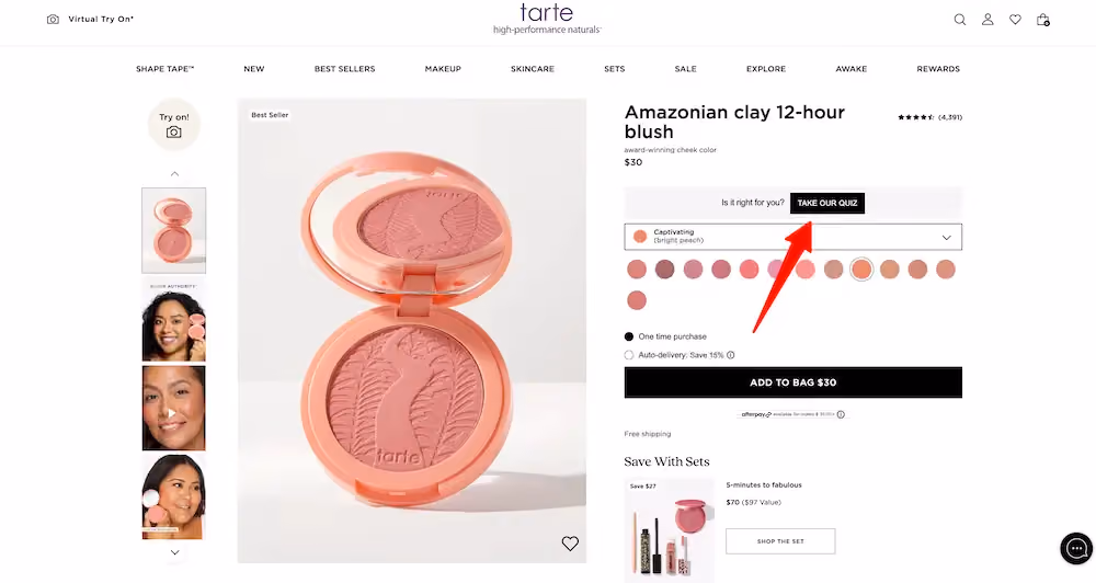 Tarte's blush product page with a link to take a shade finder quiz.