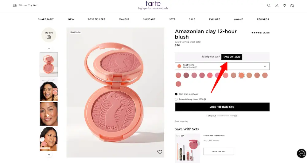 Tarte's blush product page with a link to take a shade finder quiz.