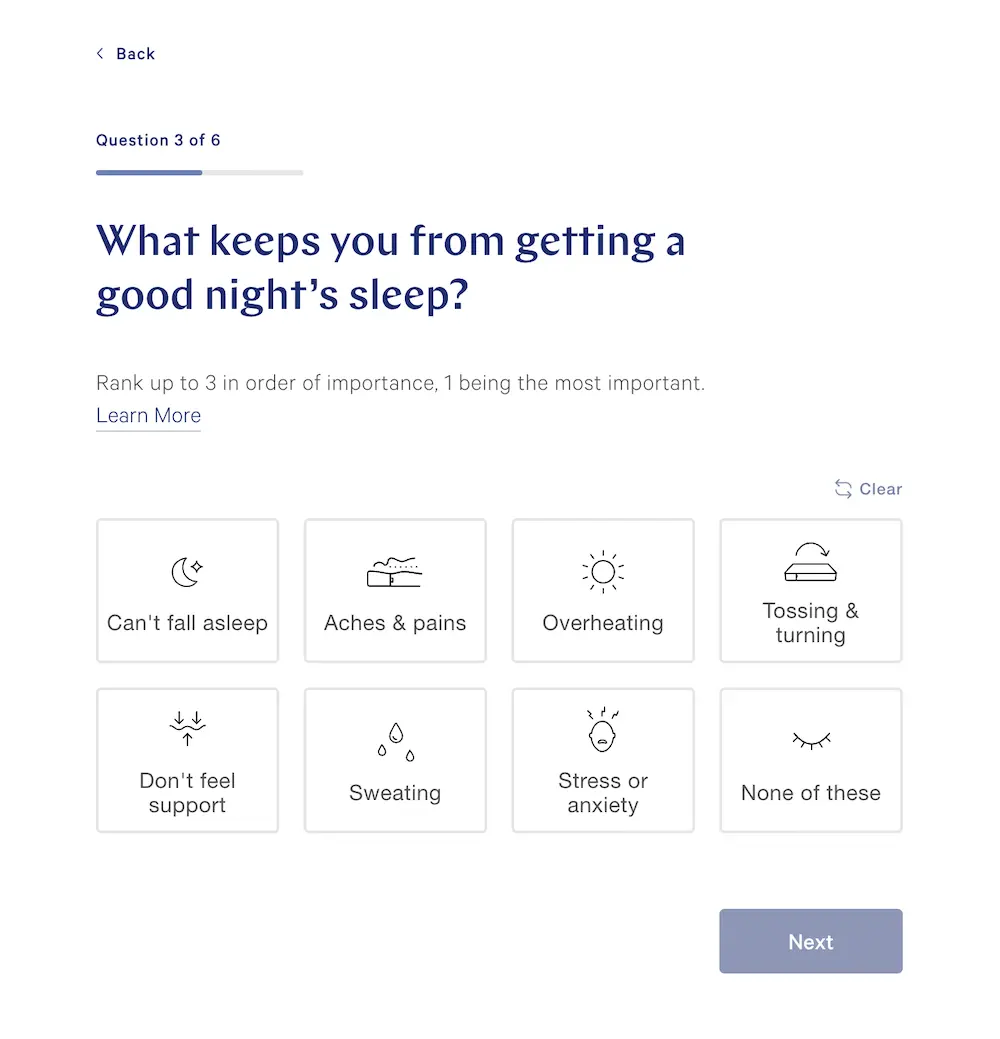 Step 3 of Casper's mattress quiz that asks shoppers what keeps them from getting a good night's sleep.