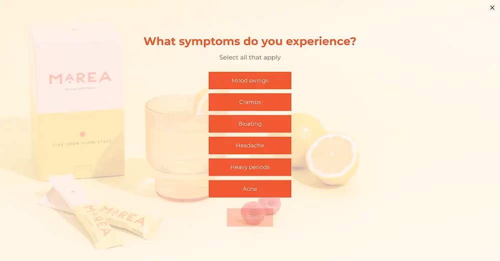 A step in Marea's quiz asking shoppers what symptoms they experience.