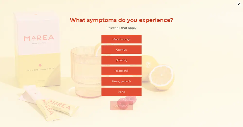 A step in Marea's quiz asking shoppers what symptoms they experience.