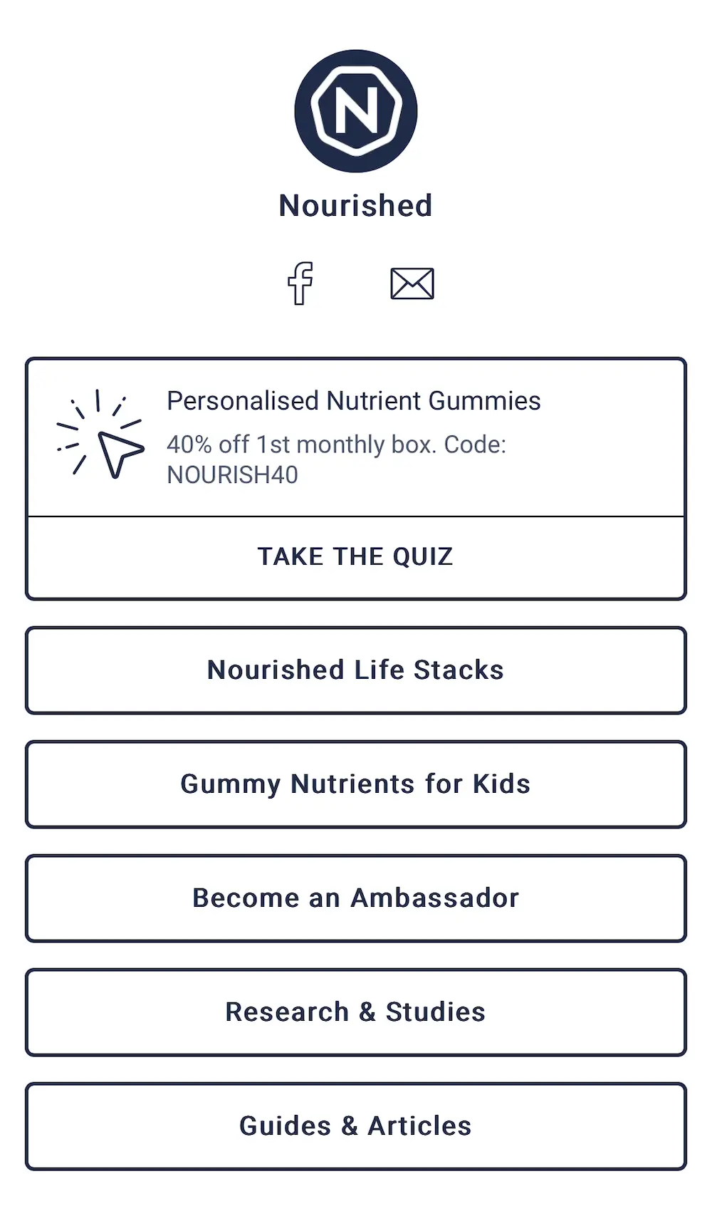 Nourished's "link in bio" page featuring a button to take the brand's quiz.