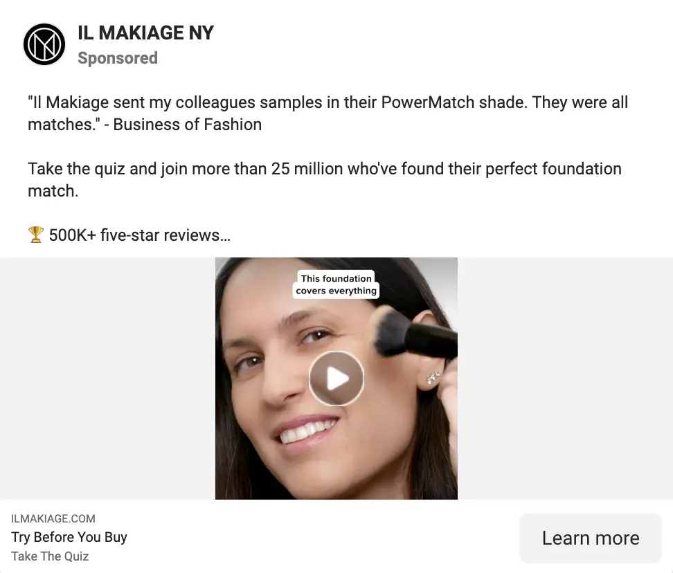 Facebook ad from Il Makiage featuring a quote from a media publication, a video of the product in use, and a CTA to take the quiz.