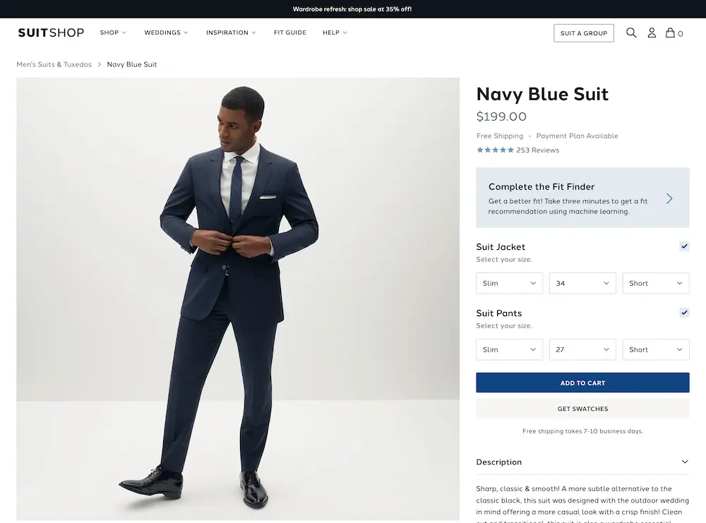 A product page for a suit on SuitShop's website with a link to its fit finder quiz