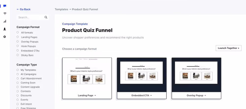 Select CTA type for your Klaviyo quiz