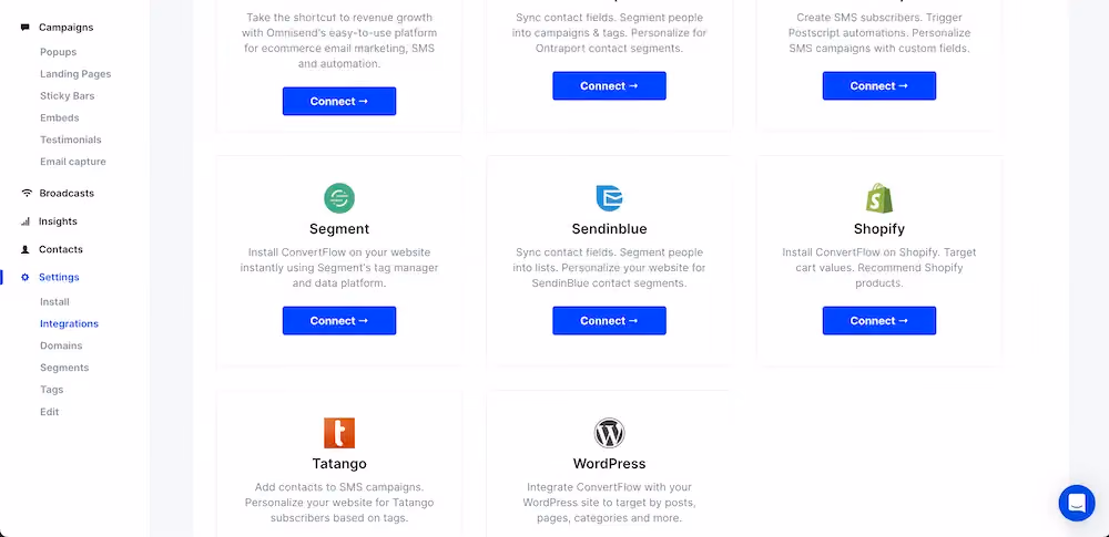 Integrations menu in ConvertFlow