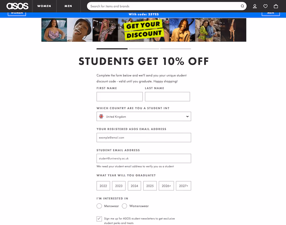 ASOS student discount campaign example