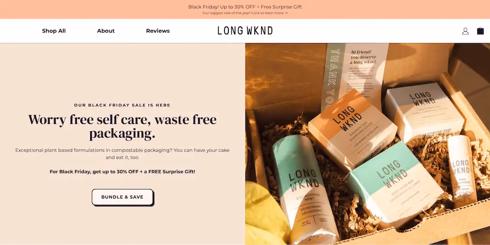 Long Wknd's home page from Black Friday offers up to 30% off + a surprise gift depending on how much a shopper buys.