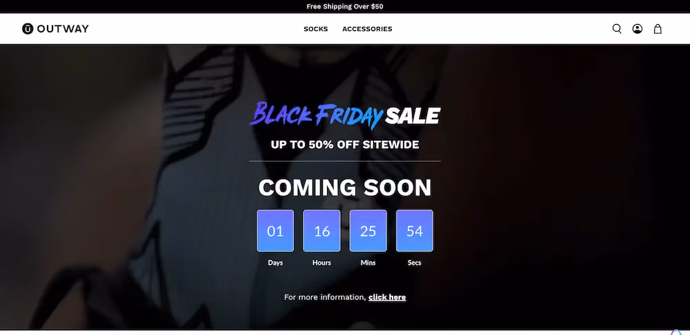 Outway's Black Friday home page reads, "Black Friday sale. Up to 50% off sitewide. Coming soon."
