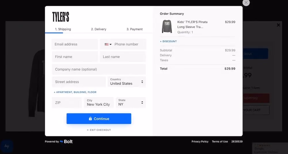 Tyler's checkout page with a clean, simple form to collect order information.