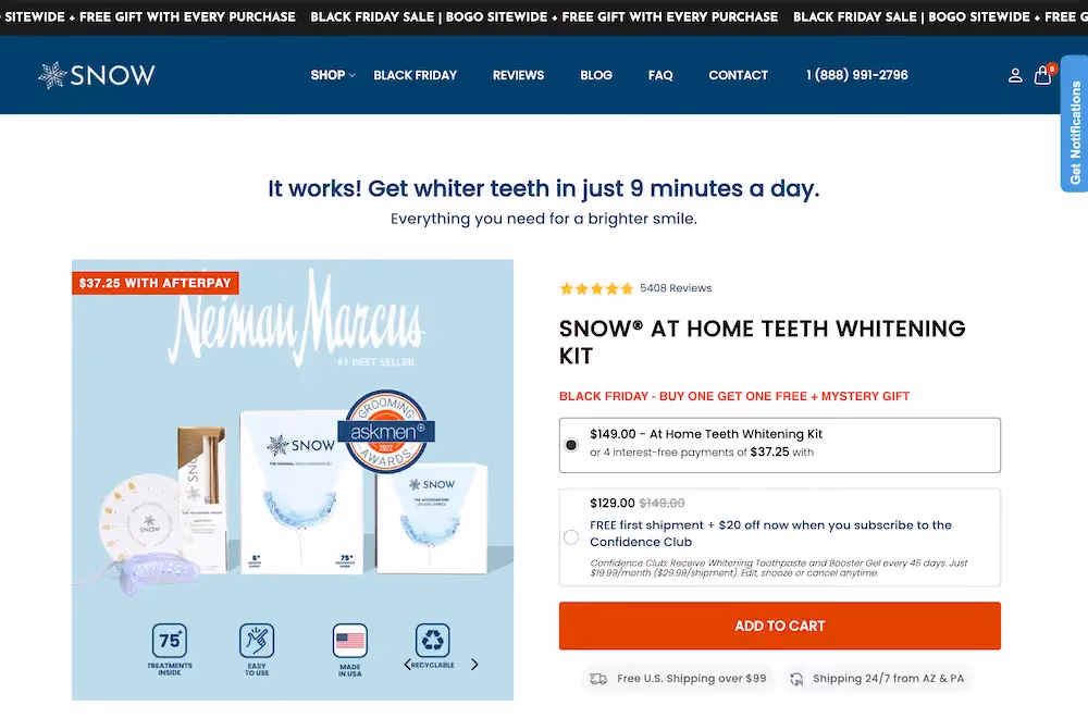 Snow's product page features a Black Friday sticky bar communicating the offer and additional copy under the product title to reinforce it.
