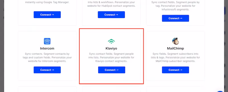 Integrations menu in ConvertFlow highlighting Klaviyo