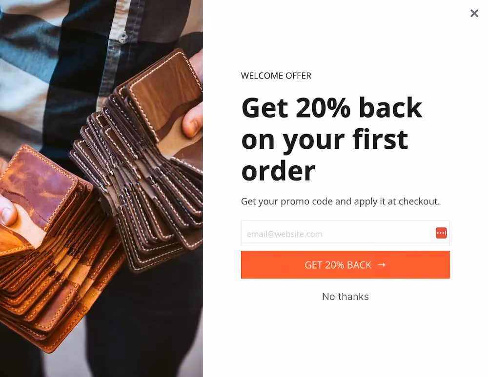 Popov Leather's cashback popup featuring an email form with the header "Get 20% back on your first order"