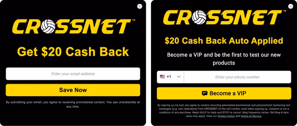 Crossnet's two-step cashback popup requesting the email and phone number in separate steps