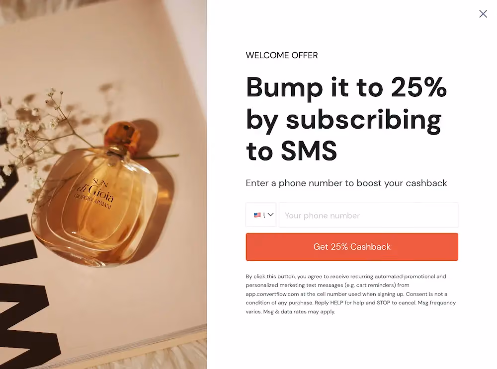 An updated step two of the cashback popup with a CTA button that reads "Get 25% Cashback"
