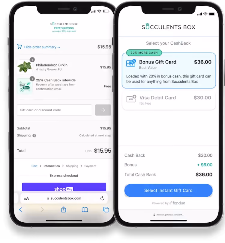Succulents Box's cashback offer at checkout showing an option to redeem via Visa debit card for $30 or a gift card to the store for $36