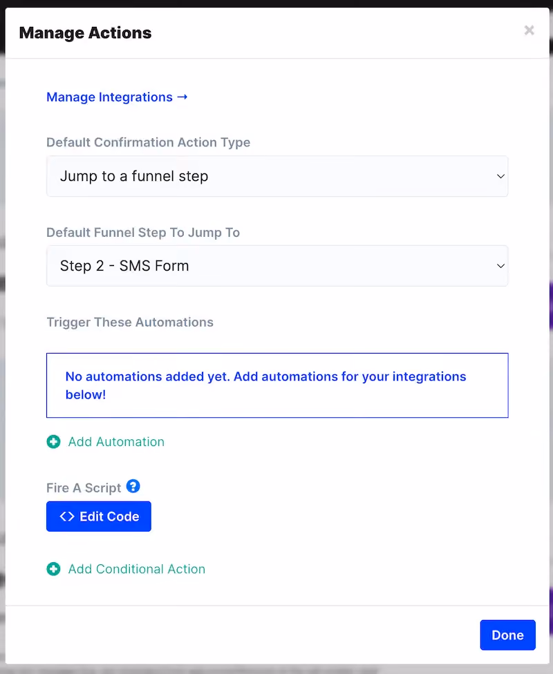 Manage Actions panel in ConvertFlow