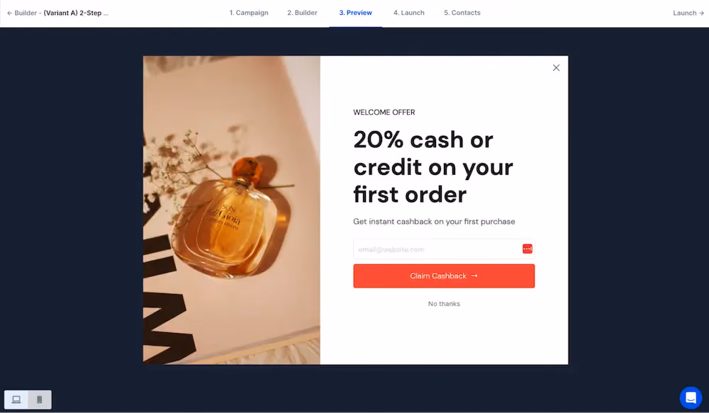 The preview screen in ConvertFlow where you can test out your campaign