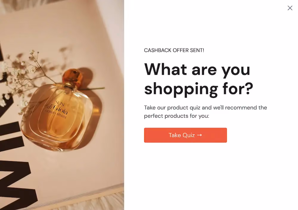 Last step in cashback offer popup template prompting shopper to take a quiz