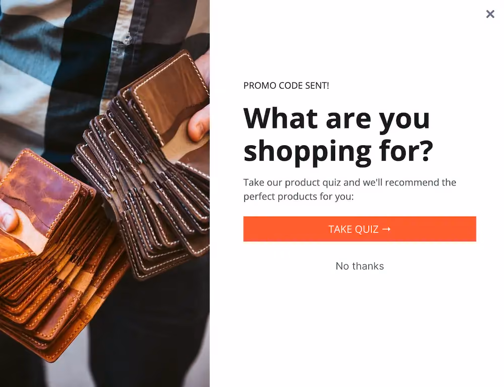 The confirmation step in Popov Leather's cashback popup prompts shoppers to take a product recommendation quiz