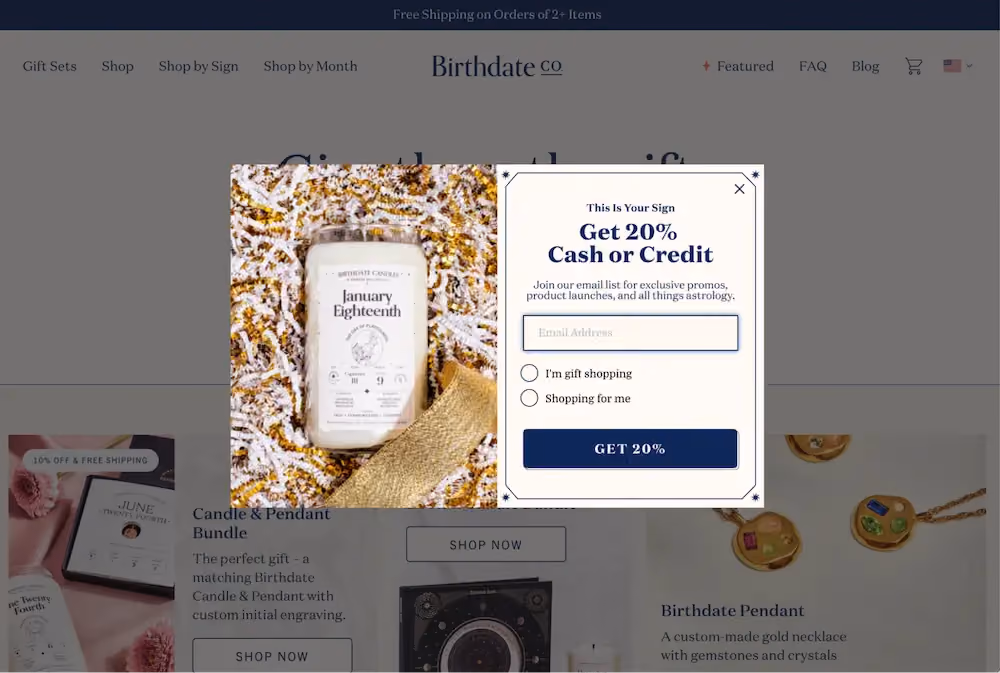 Birthdate Co's cashback popup that includes survey options for the shopper to select whether they're shopping for a gift or for themself