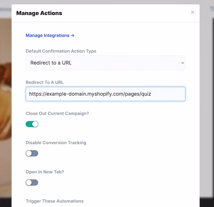 Manage Actions panel in ConvertFlow filled out to direct shoppers to a quiz URL