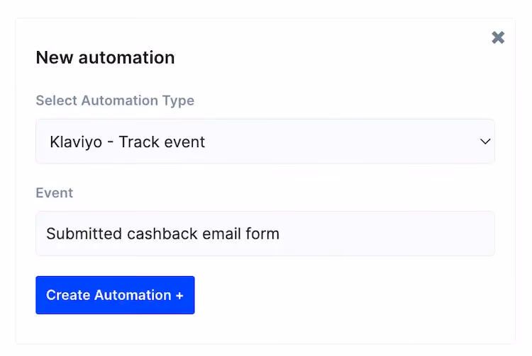 Automation form in ConvertFlow filled out to track an event in Klaviyo