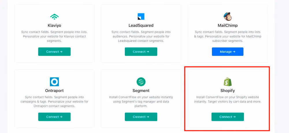 Integrations menu in ConvertFlow highlighting Shopify