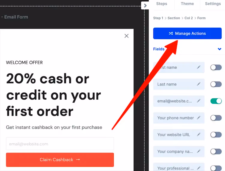Manage Actions button for forms in ConvertFlow