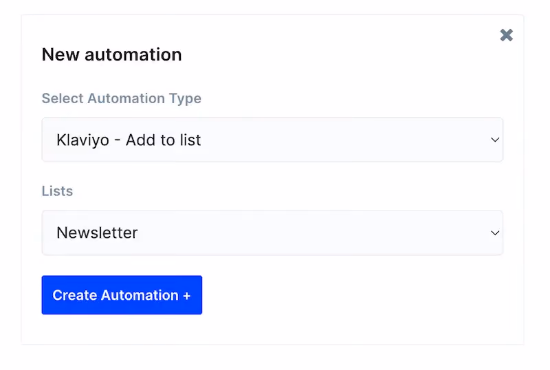 Automation form in ConvertFlow filled out to add a form submission to a list in Klaviyo