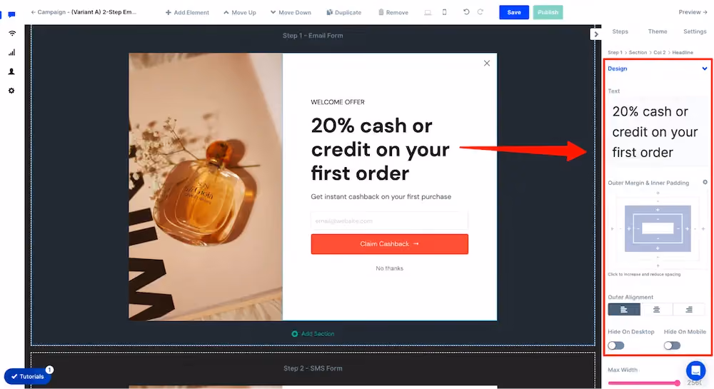 Editing a text element in ConvertFlow