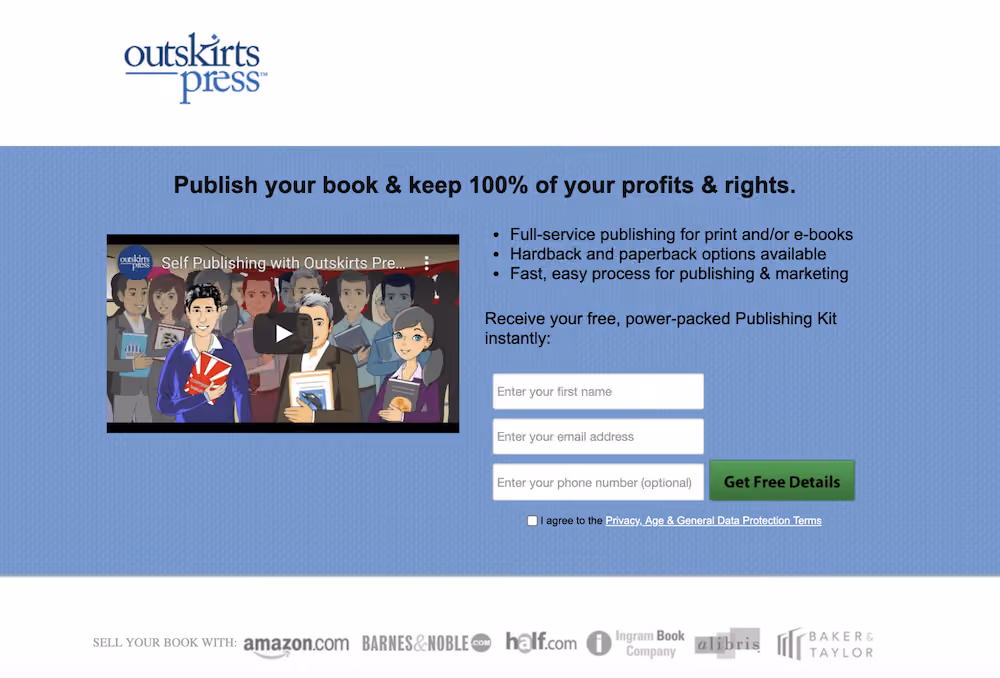 Video Landing Page Examples: Outskirts Press