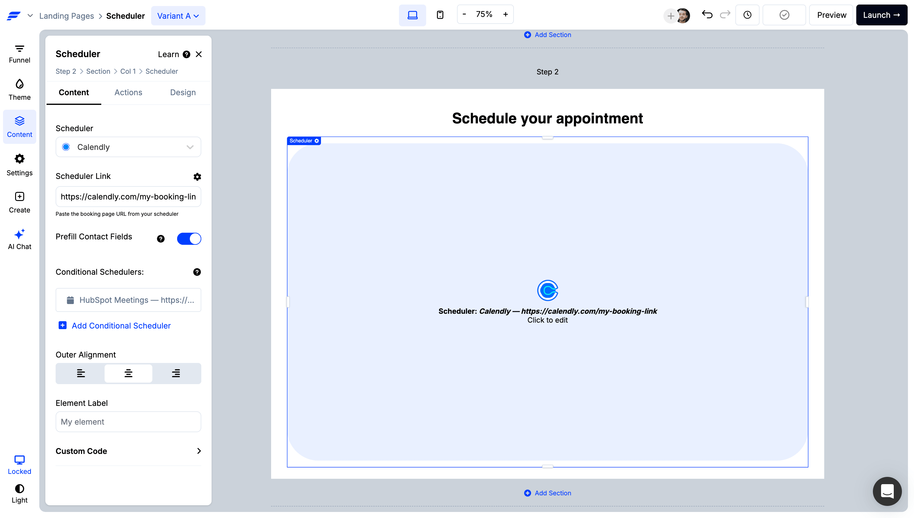 ConvertFlow scheduler element settings with scheduling link and prefill toggle